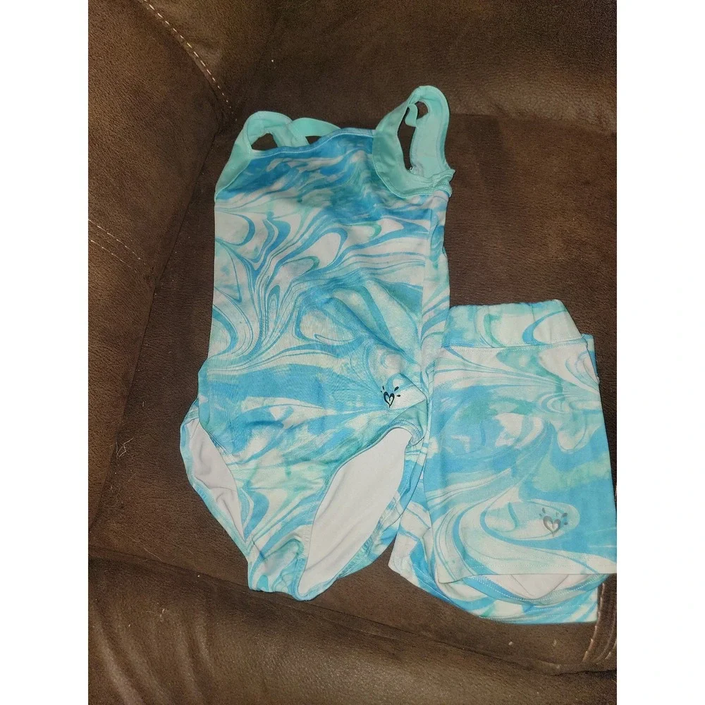 Justice active gymnastics dance leotard blue swirl leotard size 10 and shorts 8